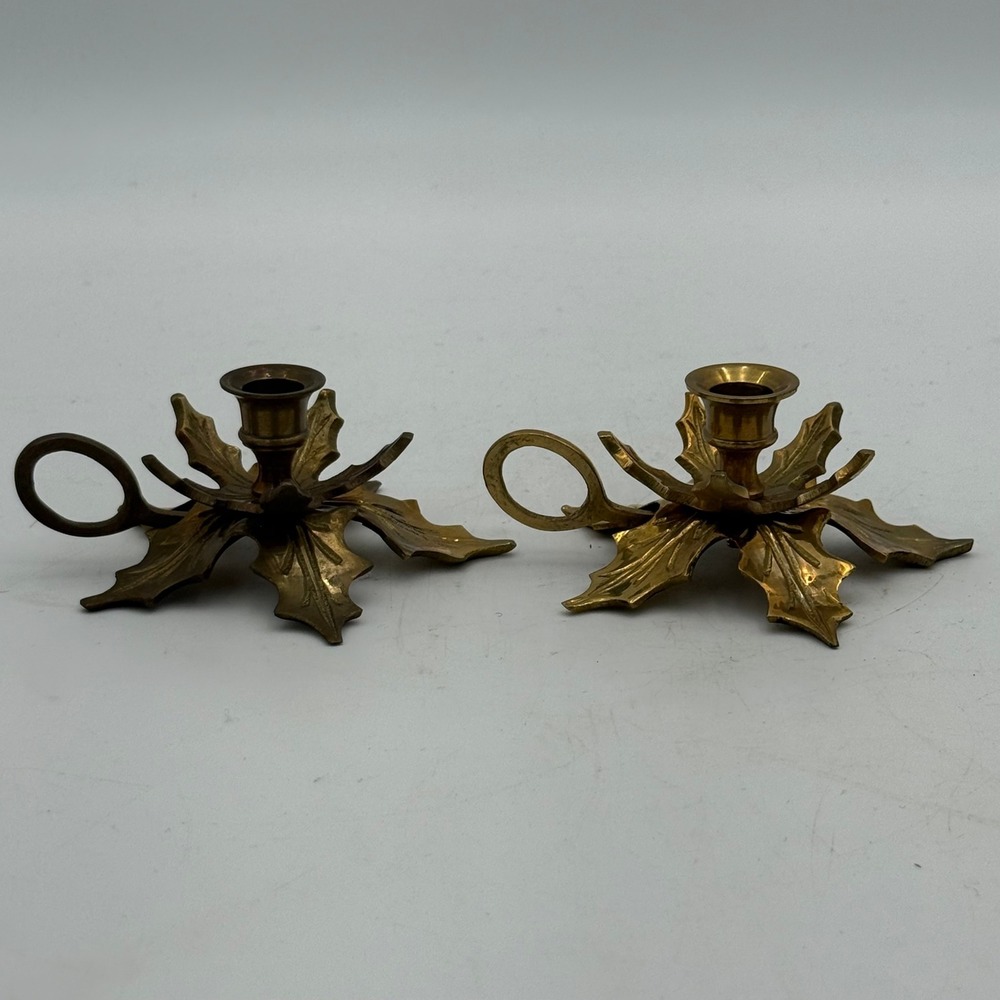 Vintage Brass Holly Leaf Chamberstick Candle Holders Pair Liards Ltd India